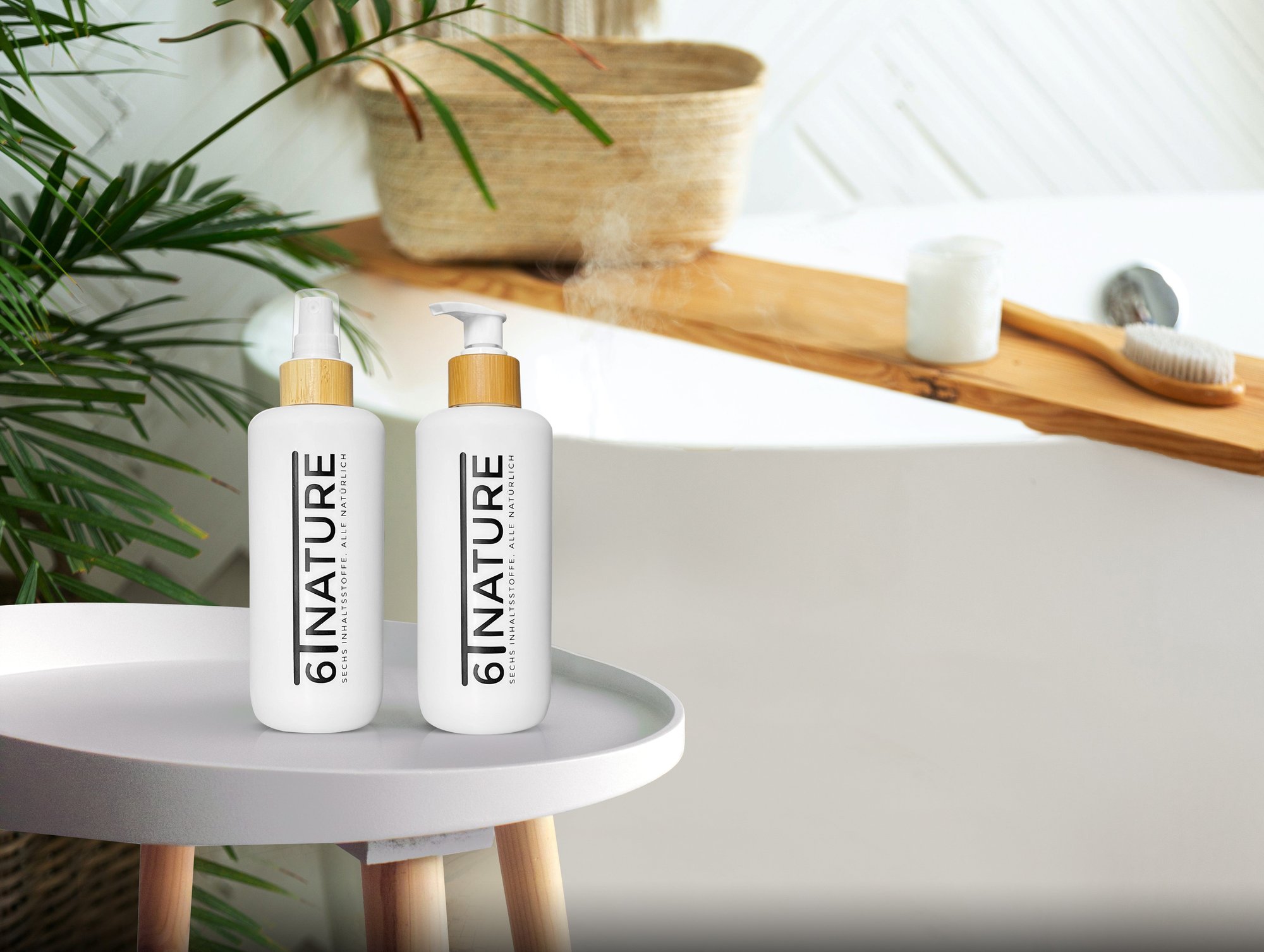 6Tnature Shampoo und Spray auf einem Tisch im hellen Badezimmer